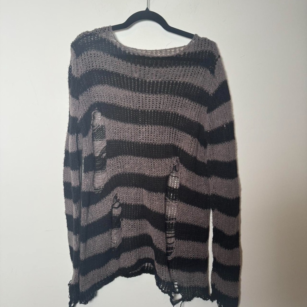 japanese distressed grey and black striped wool sweater size M